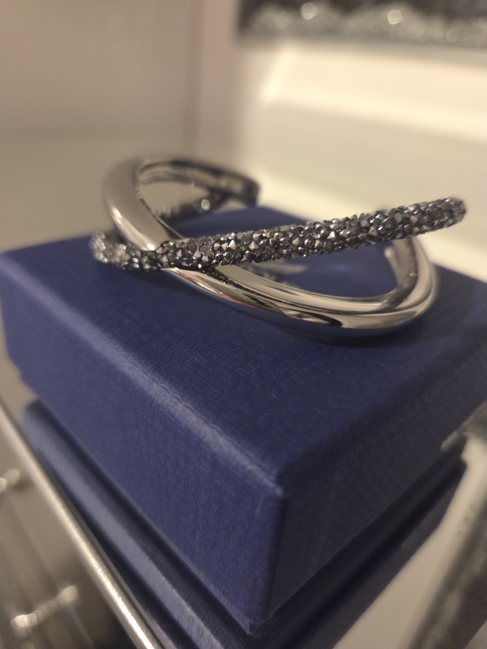 Sterling Silver and Charcoal Crystal Crossover Bracelet - Women's Jewelry